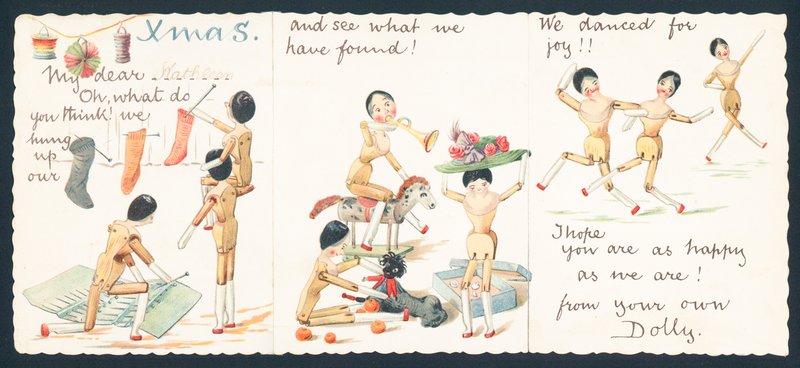 Poupées en bois tricotant, jouant et dansant, Carte de Noël - English School