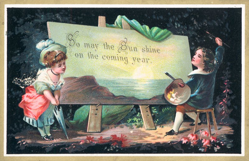 Jeune artiste montrant son travail, carte de Nouvel An - English School