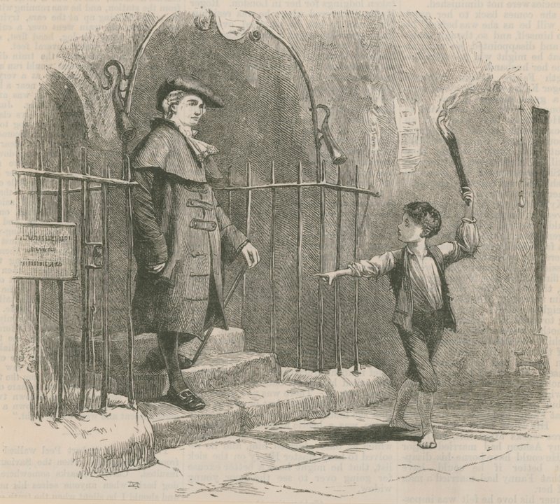 Jeune garçon guidant un gentleman à la lumière d