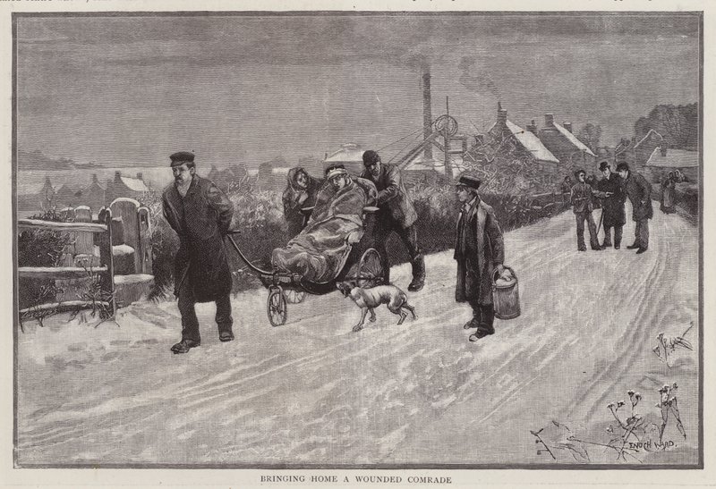 Un mineur de charbon blessé au travail ramené chez lui (lithographie) - Enoch Ward