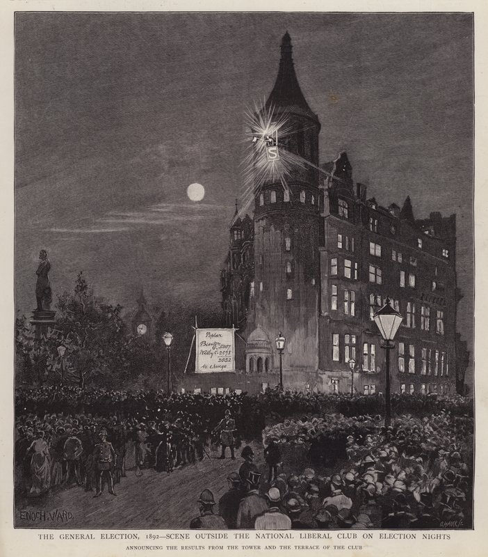 Annonce des résultats des élections générales de 1892 depuis le Liberal Club, Westminster, Londres - Enoch Ward