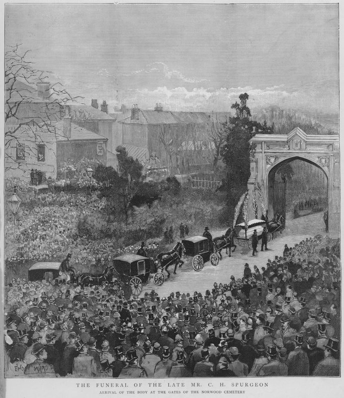 Procession funéraire portant le corps du prédicateur baptiste particulier anglais Charles Haddon Spurgeon arrivant aux portes du cimetière de Norwood, Londres - Enoch Ward