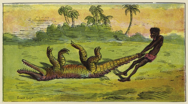 Homme Ashanti traînant un crocodile endormi par la queue - Ernest Henry Griset
