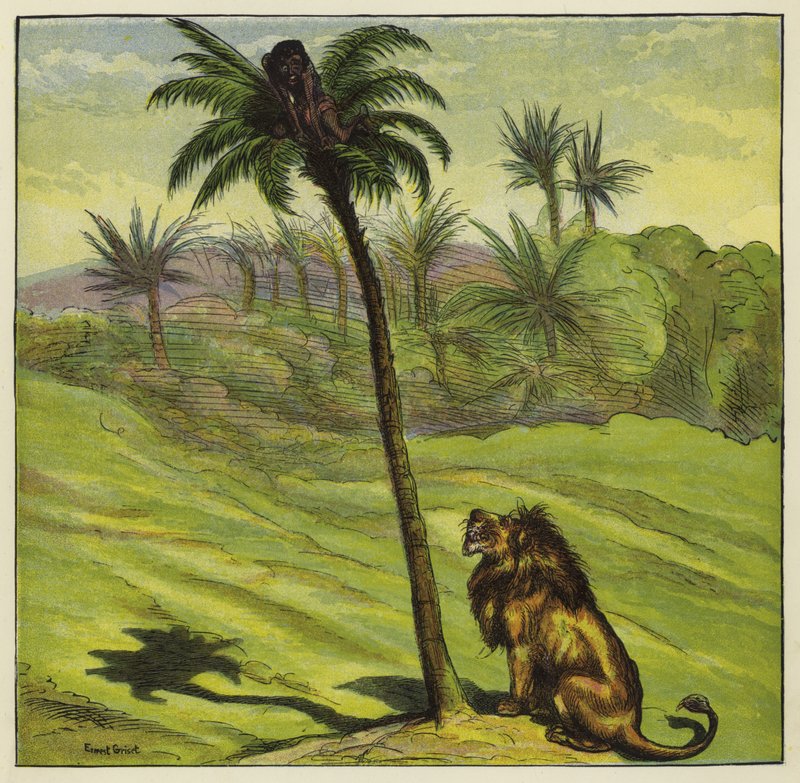 Homme échappant à un lion en grimpant à un arbre - Ernest Henry Griset