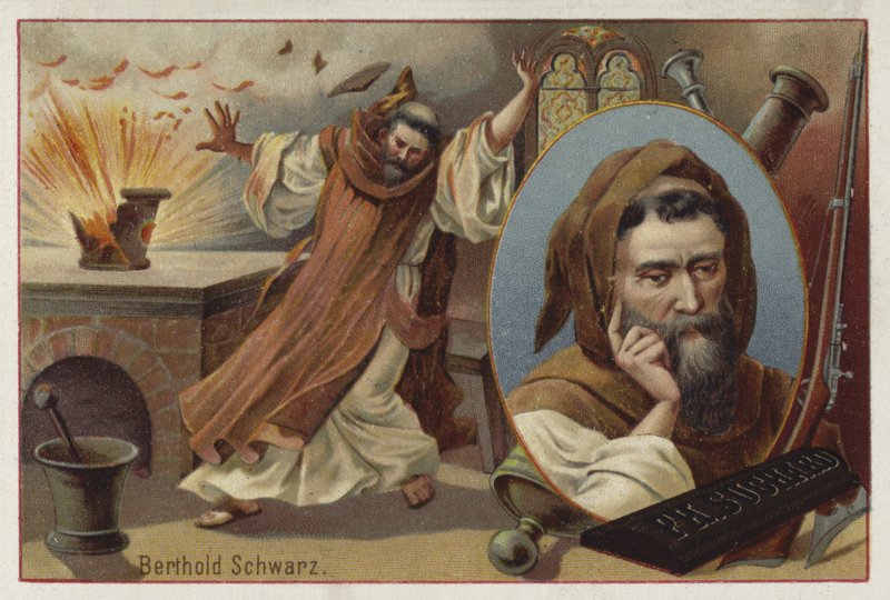 Berthold Schwarz, alchimiste allemand légendaire du 14ème siècle, dit avoir inventé la poudre à canon - European School