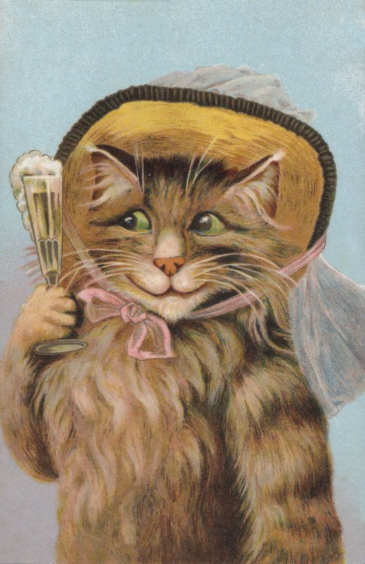 Chat portant un chapeau et tenant une coupe de champagne (chromolitho) - European School