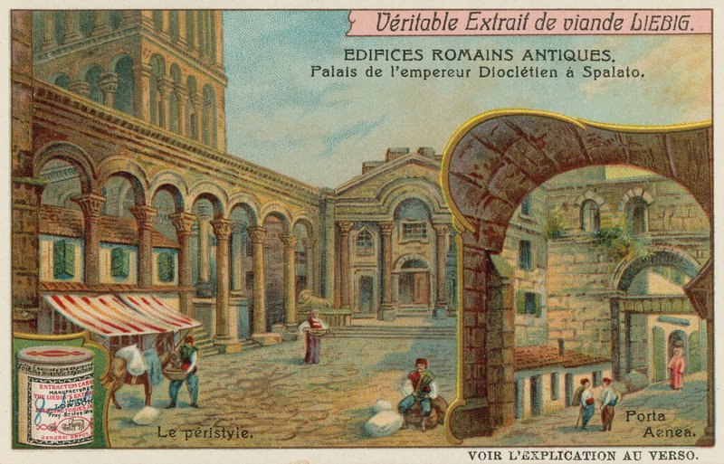 Palais de Dioclétien à Split en Croatie avec détail de la colonnade et de la porte maritime sud (chromolitho) - European School