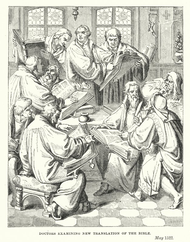 Médecins examinant la nouvelle traduction de la Bible (gravure) - European School