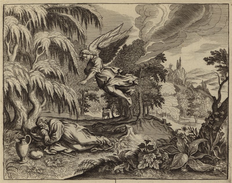 Élie réveillé par un ange dans le désert (gravure) - European School