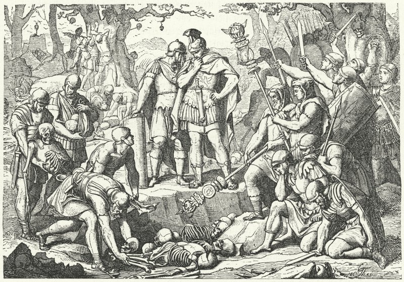 Germanicus enterrant les os des soldats des trois légions romaines commandées par Publius Quinctilius Varus détruites par les Germains à la bataille de la forêt de Teutoburg en 9 av. J.-C. - European School