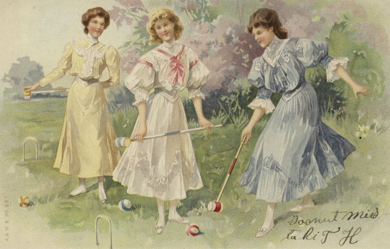 Filles jouant au croquet (chromolitho) - European School