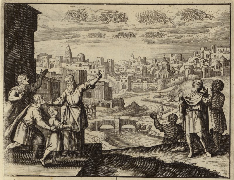 Cavalerie dorée dans les airs au-dessus de Jérusalem (gravure) - European School