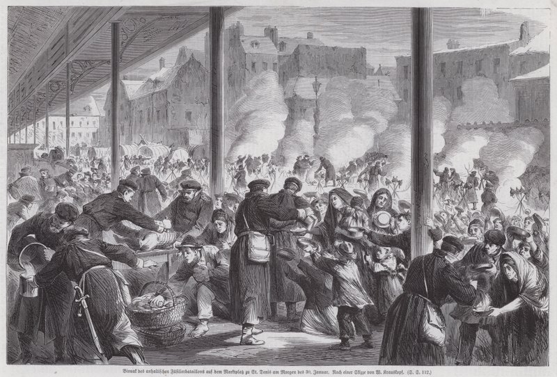 Parisiens affamés mendiant de la nourriture aux soldats allemands campés sur la place du marché de St Denis après la fin du siège de Paris, guerre franco-prussienne - European School