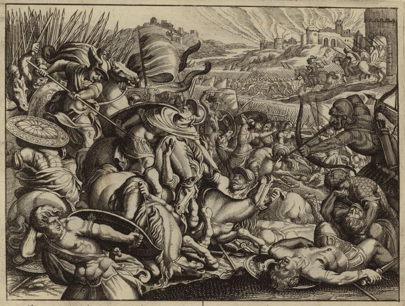 Les Israélites défaisant les Benjamites et brûlant leur ville (gravure) - European School