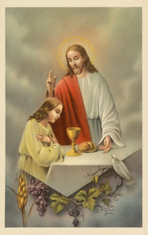 Jésus-Christ bénissant une jeune fille communiant (lithographie couleur) - European School