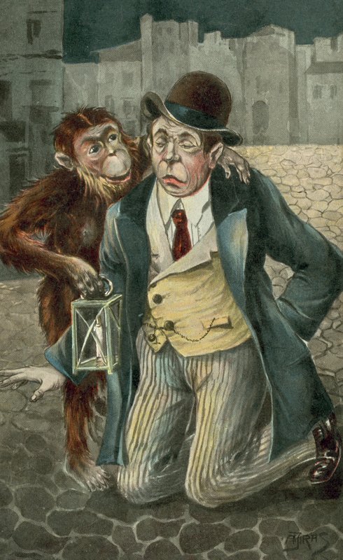Homme agenouillé et chimpanzé (lithographie couleur) - European School