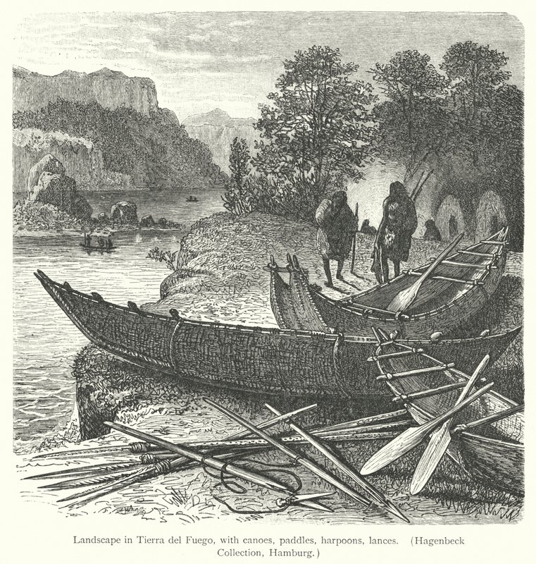 Paysage en Terre de Feu, avec canoës, pagaies, harpons, lances - European School