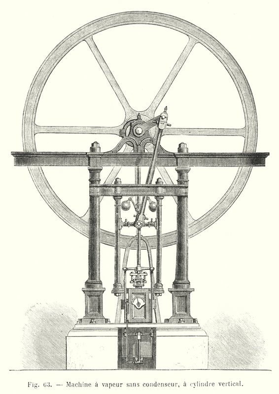 Machine à vapeur sans condenseur, à cylindre vertical (gravure) - European School