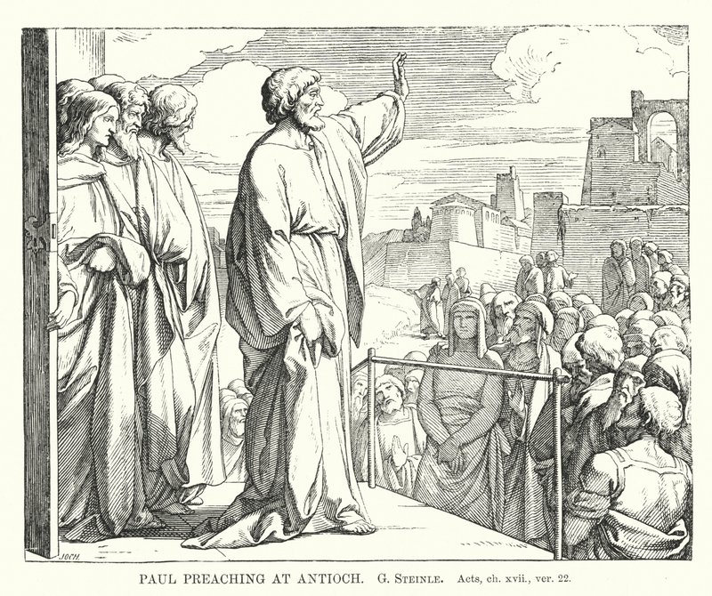Paul prêchant à Antioche, Actes, ch xvii, ver 22 (gravure) - European School