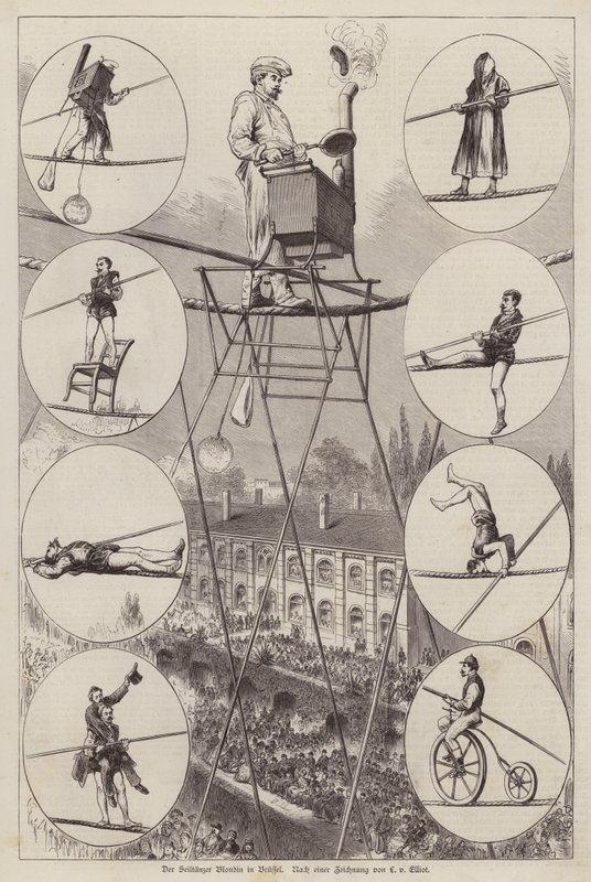 Performance du funambule et acrobate français Charles Blondin à Bruxelles - European School