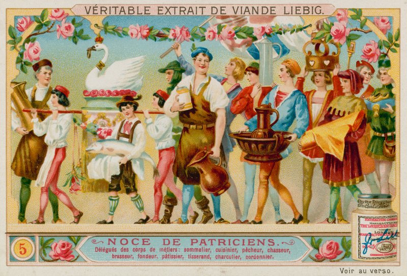 Représentants de différents métiers : marchand de vin, chef, pêcheur, chasseur, brasseur, forgeron, pâtissier, tisserand, boucher et cordonnier - European School
