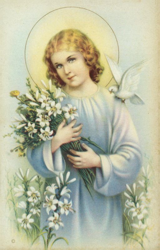 Saint avec colombe et fleurs (lithographie couleur) - European School