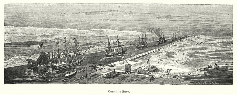 Navires passant par le canal de Suez, Égypte (lithographie) - European School
