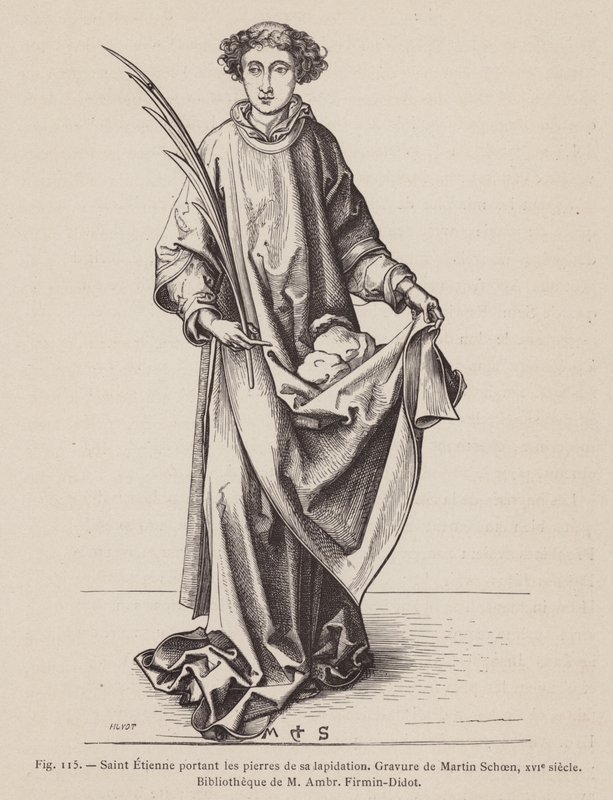 Saint Étienne portant une palme de martyr et les pierres utilisées dans son martyre - European School