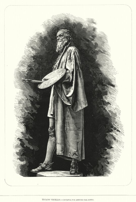 Titien, artiste de la Renaissance italienne, statue par Antonio dal Zotto (lithographie) - European School