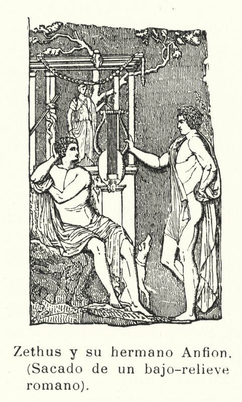 Zéthos et Amphion, fils jumeaux de Zeus, bas-relief romain (lithographie) - European School