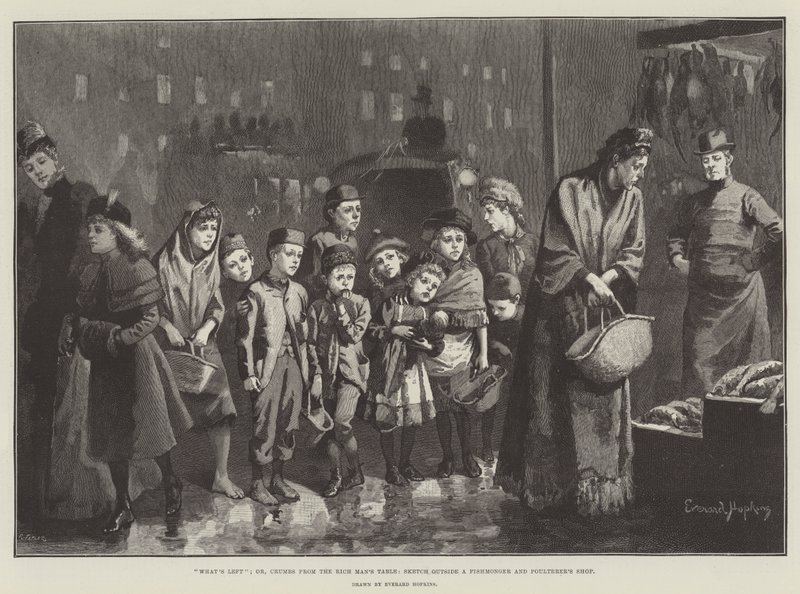 Ce qui reste; ou, des miettes de la table du riche, croquis devant une poissonnerie et une volaille - Everard Hopkins