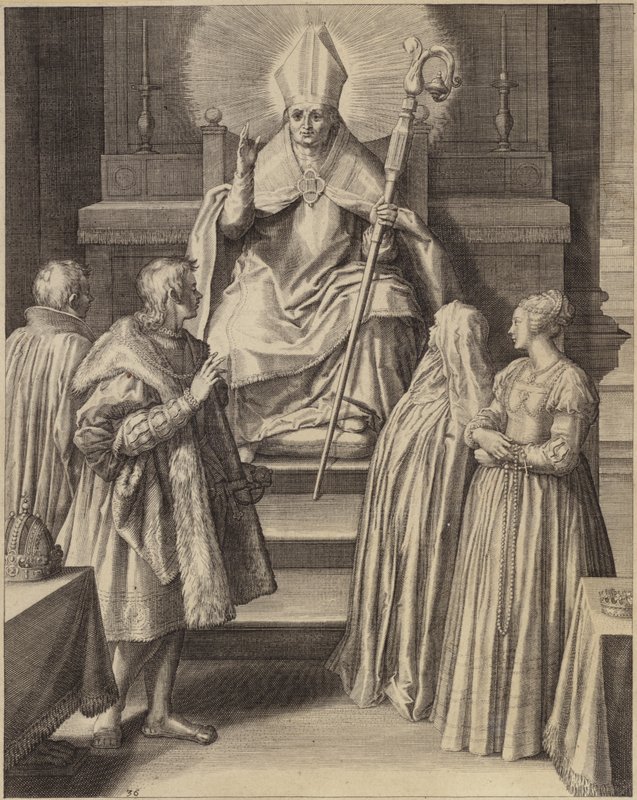Une figure en robes épiscopales est assise sur un trône avec un halo émanant de sa tête - Flemish School