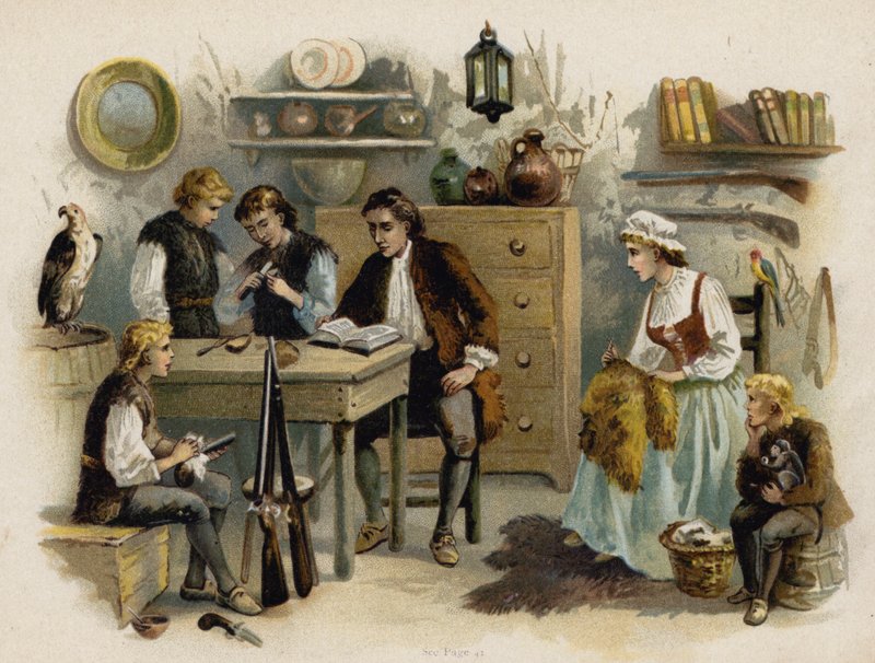 Scène de La Famille suisse Robinson : Le père lisant à la famille dans le Château de Roche - Florence Maplestone