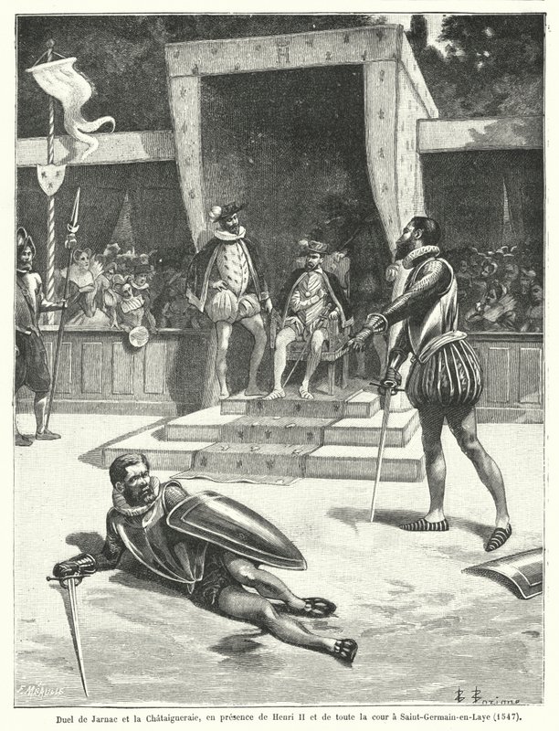 Duel entre Guy Cabot de Jarnac et François de Vivonne, Seigneur de la Châtaigneraie devant le Roi Henri II de France et toute sa cour à Saint-Germain-en-Laye - Fortune Louis Meaulle