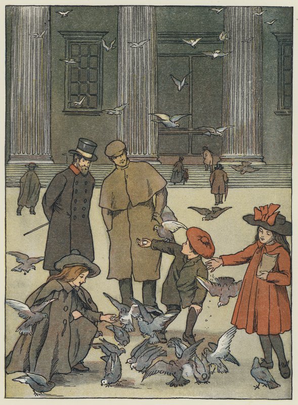 Londres : The Museum Pigeons (lithographie couleur) - Francis Donkin Bedford