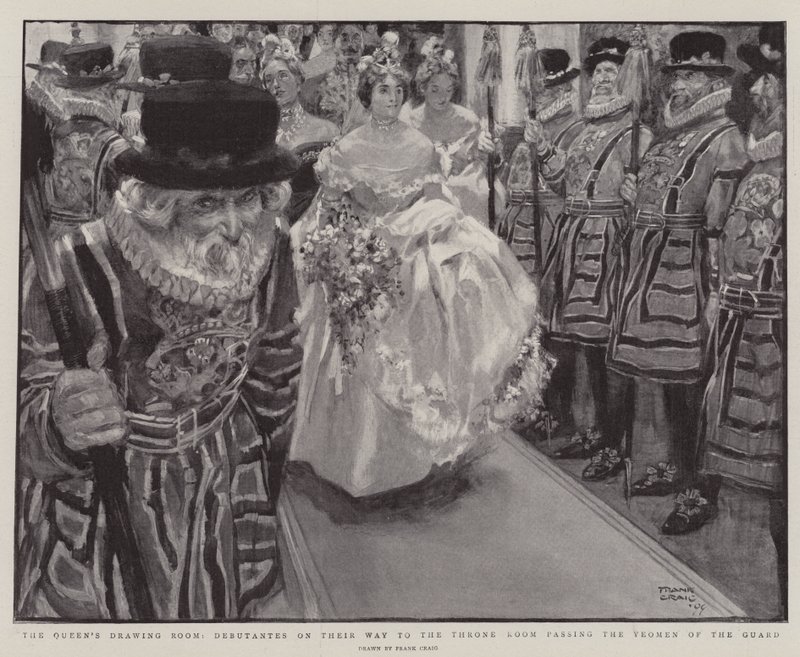 Le salon de dessin de la reine, débutantes en route vers la salle du trône passant devant les Yeomen de la garde - Frank Craig
