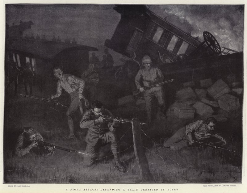 Une attaque de nuit, défendant un train déraillé par les Boers - Frank Dadd