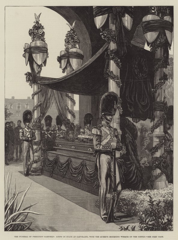 Les funérailles du président Garfield, en état à Cleveland, avec la couronne de deuil de la reine sur le cercueil - Frank Dadd