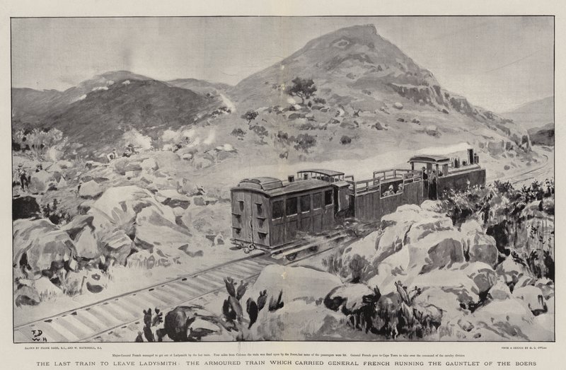 Le dernier train à quitter Ladysmith, le train blindé qui a transporté le général French traversant les tirs des Boers - Frank Dadd