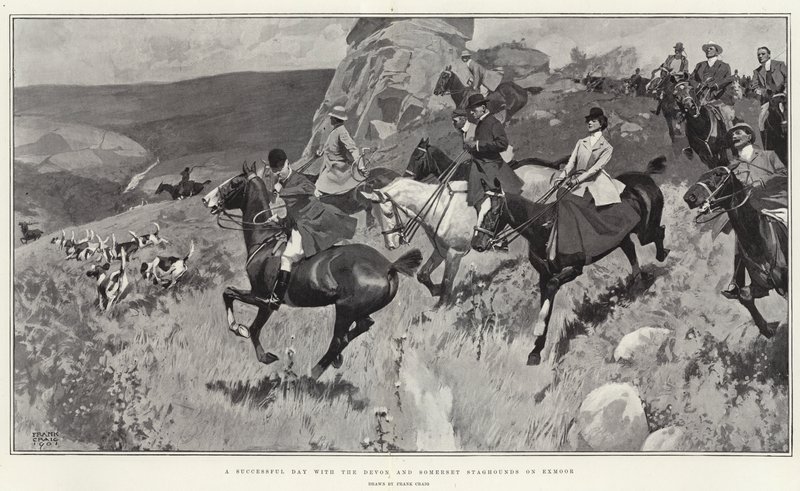 Une journée réussie avec les chasseurs de cerfs du Devon et du Somerset à Exmoor (lithographie) - Frank Craig