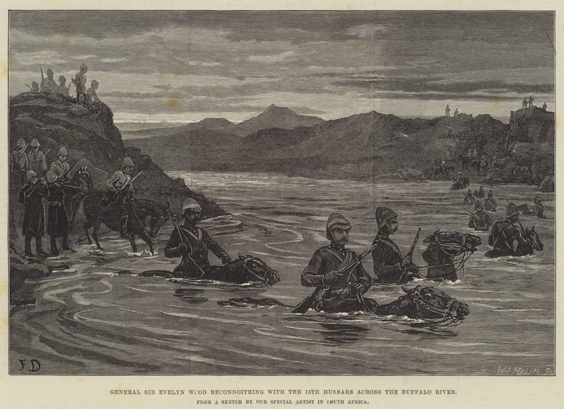 Le général Sir Evelyn Wood en reconnaissance avec les 15e hussards à travers la rivière Buffalo - Frank Dadd