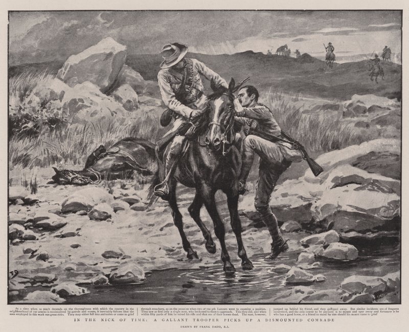 Juste à Temps, un Cavalier Courageux ramasse un Camarade Démonté - Frank Dadd