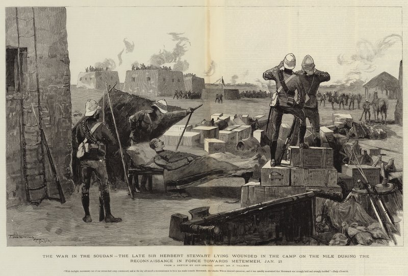 La guerre au Soudan, feu Sir Herbert Stewart blessé dans le camp sur le Nil lors de la reconnaissance en force vers Metemmeh, 21 janvier - Frederic Villiers