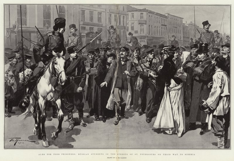 Aumônes pour les pauvres prisonniers, étudiants russes dans les rues de Saint-Pétersbourg en route pour la Sibérie - Frederic de Haenen