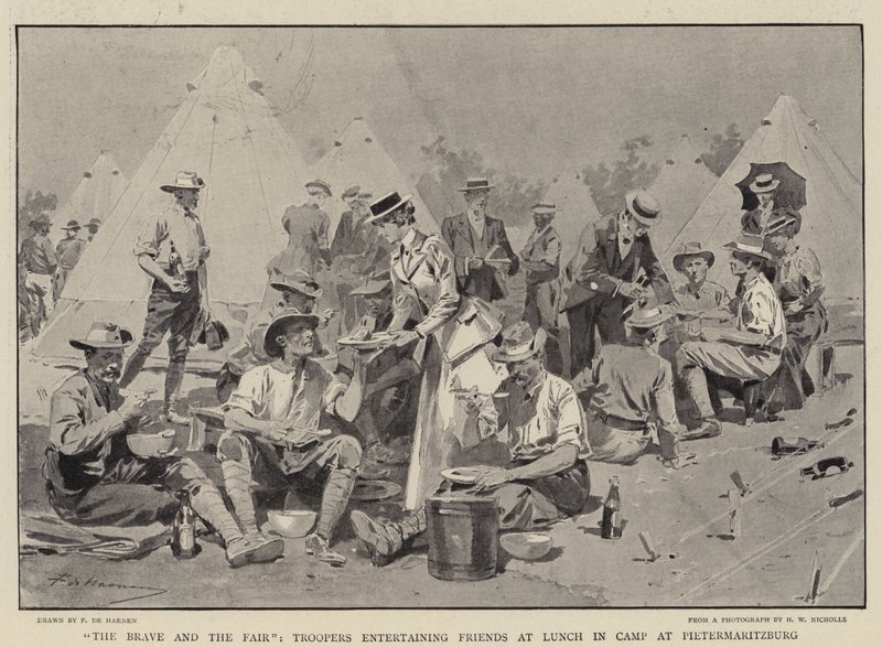 Les braves et les belles, des cavaliers divertissant des amis au déjeuner dans un camp à Pietermaritzburg - Frederic de Haenen