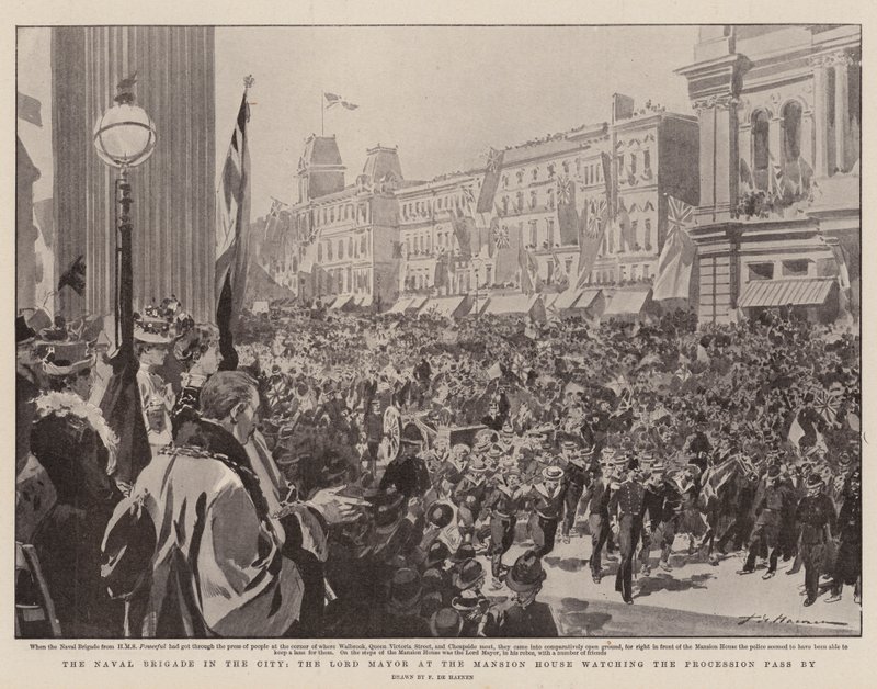 La Brigade Navale dans la ville, le Lord Maire à Mansion House regardant le défilé passer - Frederic de Haenen