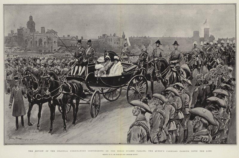 La revue des contingents coloniaux de couronnement sur la parade des Horse Guards, le carrosse de la reine passant devant la ligne - Frederic de Haenen