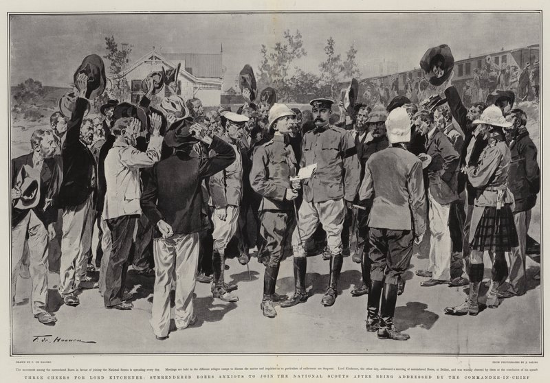 Trois acclamations pour Lord Kitchener, les Boers rendus désireux de rejoindre les Scouts Nationaux après avoir été adressés par le Commandant en Chef - Frederic de Haenen
