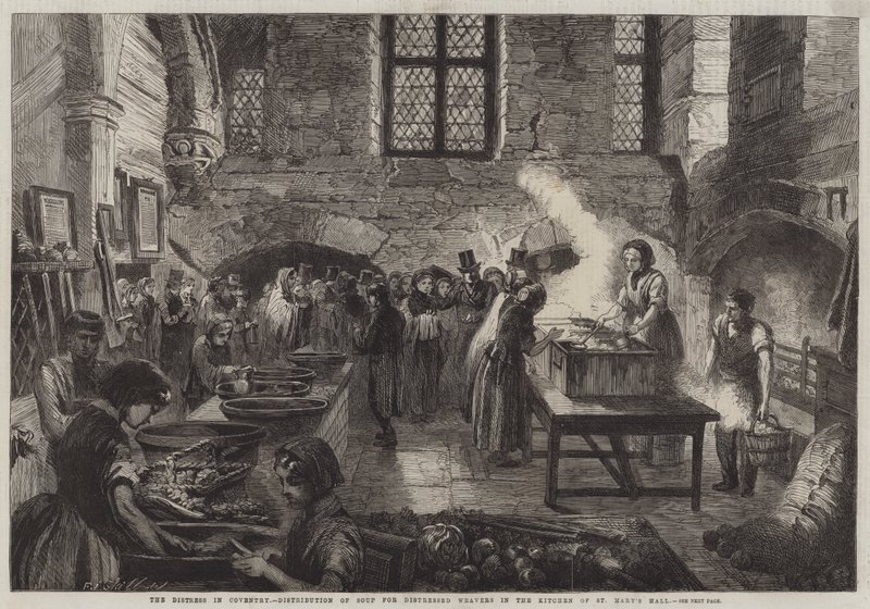 La détresse à Coventry, distribution de soupe pour les tisserands en détresse dans la cuisine de St Mary
