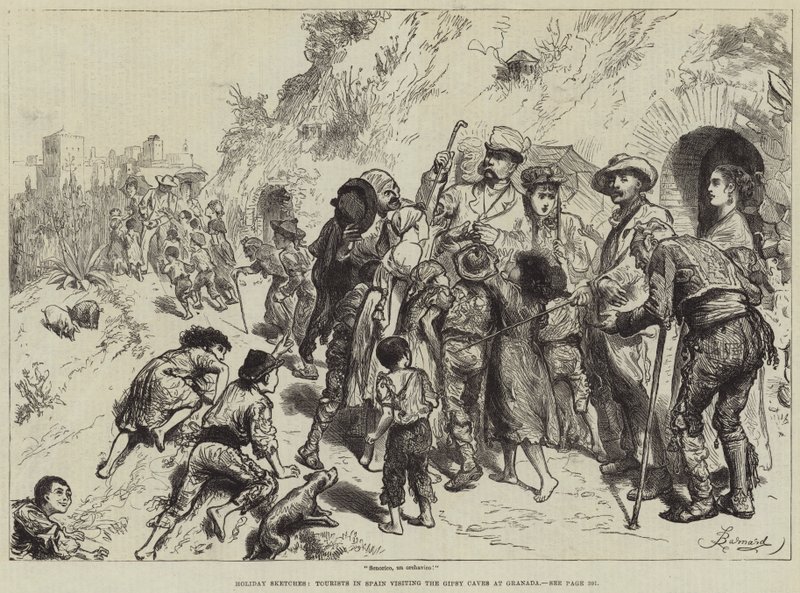 Croquis de vacances, touristes en Espagne visitant les grottes gitanes à Grenade - Frederick Barnard